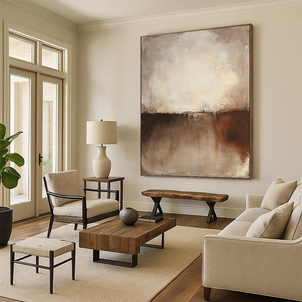 Large contemporary hand-painted abstract art featuring a textured wall in warm brown and cream tones. Perfect for modern decor. DLZ1379