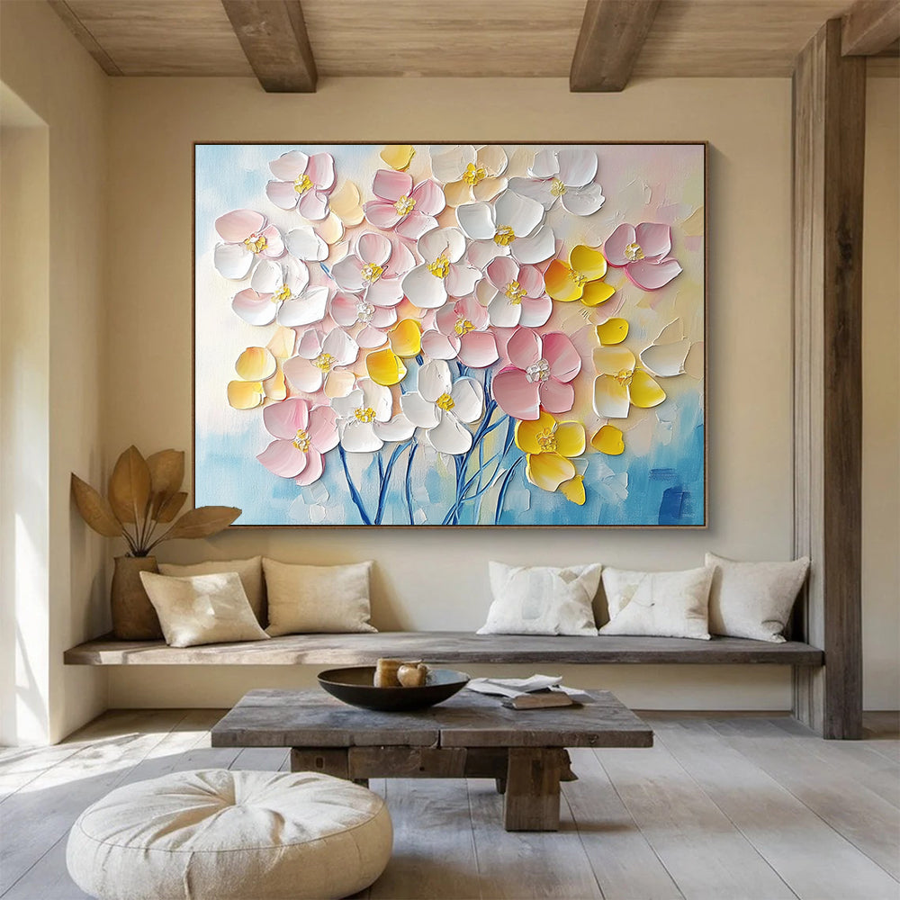 “3D Floral Burst” - Soft pinks, whites, yellows, blues; Textured, raised flower blooms; Impasto Floral Painting On Canvas HB1156