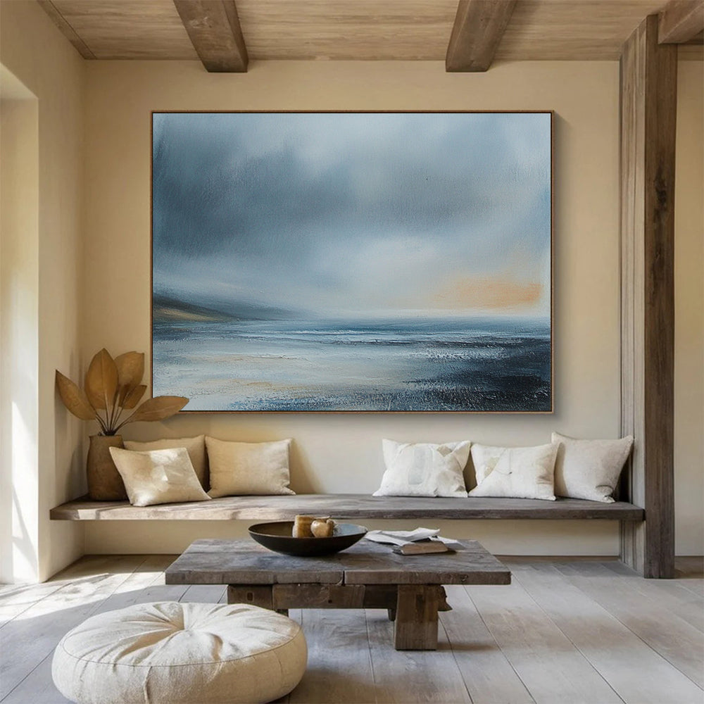“Misty Coastal Landscape” - Gray, Blue, Subtle Orange, Atmospheric Seascape Painting On Canvas HB1008