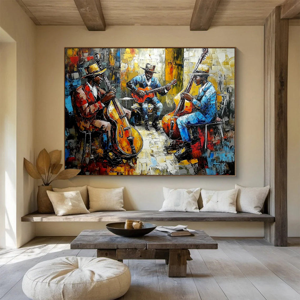 “Vibrant Jazz Band” - Colorful Palette, Jazz Musicians, Figurative Painting On Canvas HB0996