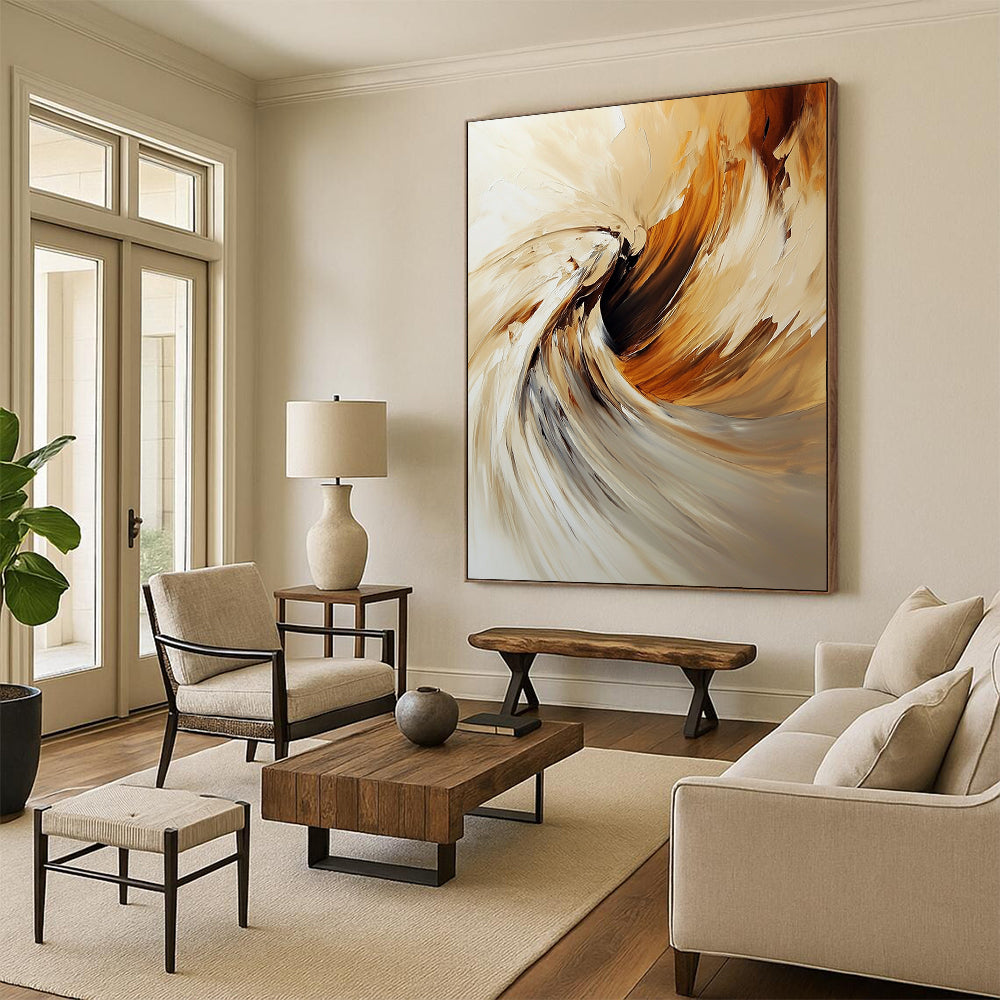Contemporary abstract oil painting featuring an angel with swirling brush strokes in warm beige and brown tones. DLZ0450