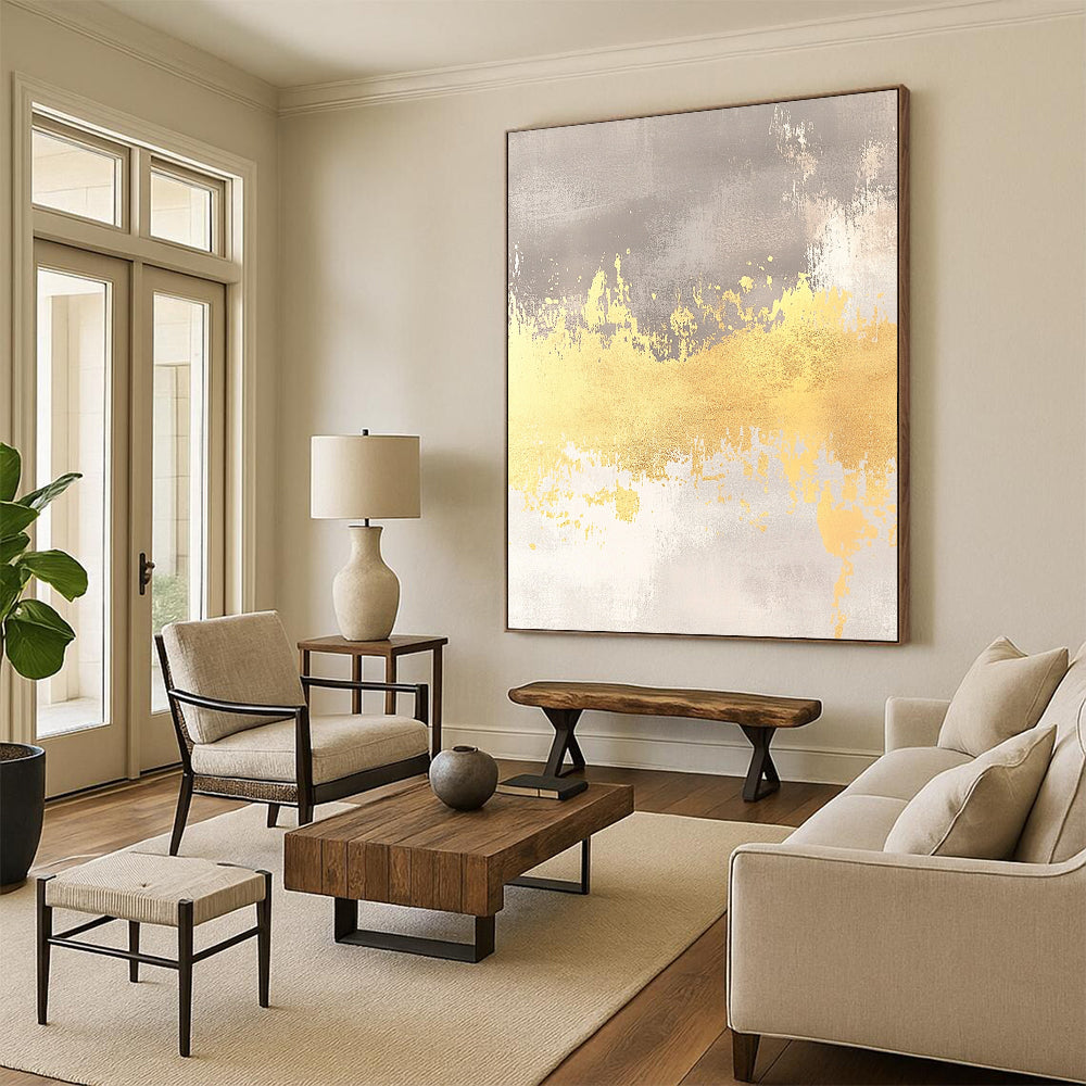 Ethereal contemporary abstract artwork features a soft gray background with yellow accents and gold foil, perfect for a dreamy wedding card backdrop. DLZ1471