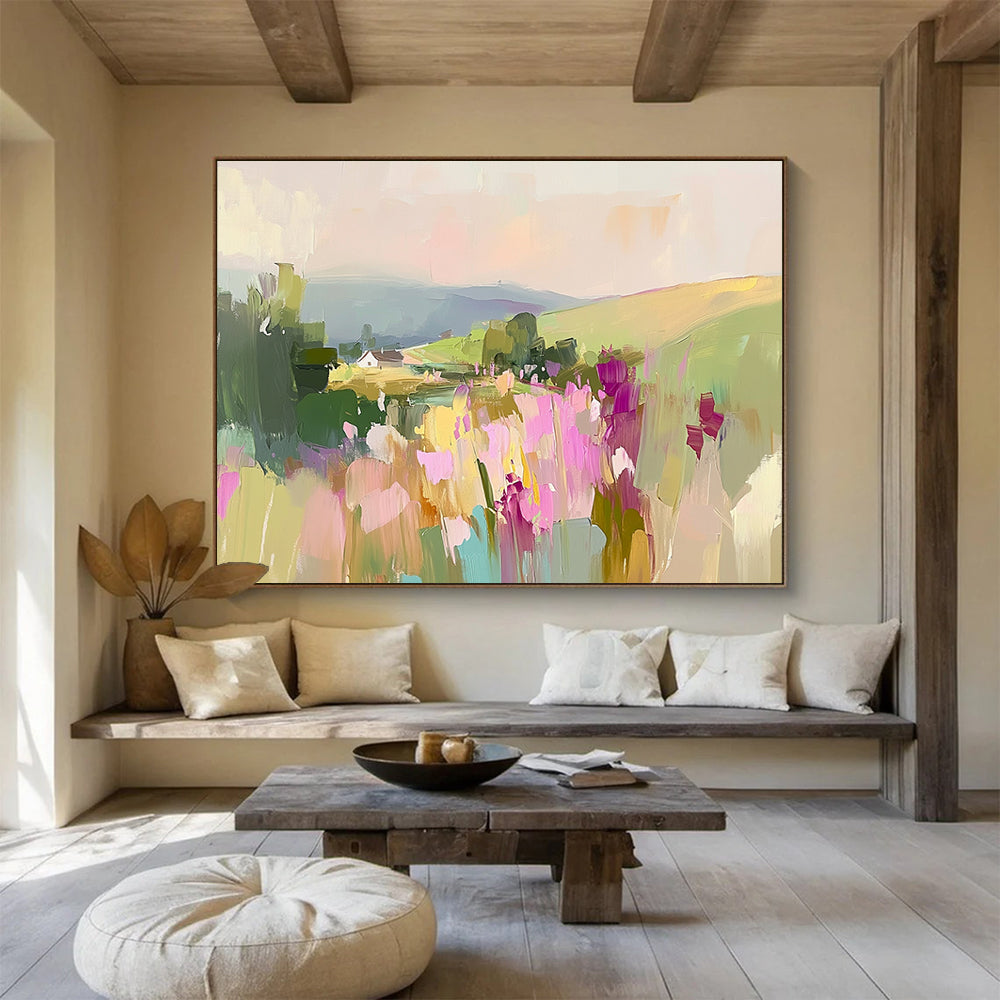 “Pastel Landscape with Flowers” - Pastel Palette, Floral Countryside Painting On Canvas HB0892