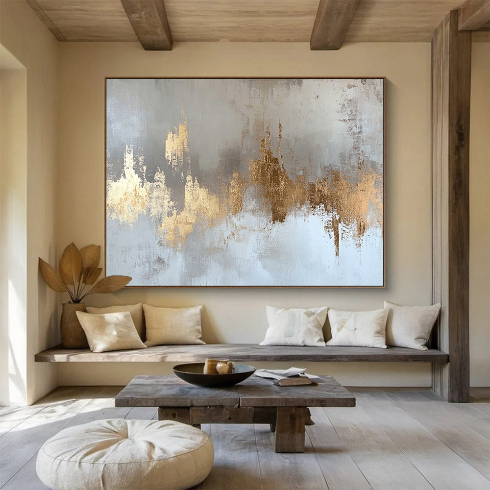 “Gold Accents on Gray White” - Gold, Gray, White, Textured Forms - Painting On Canvas HB1418