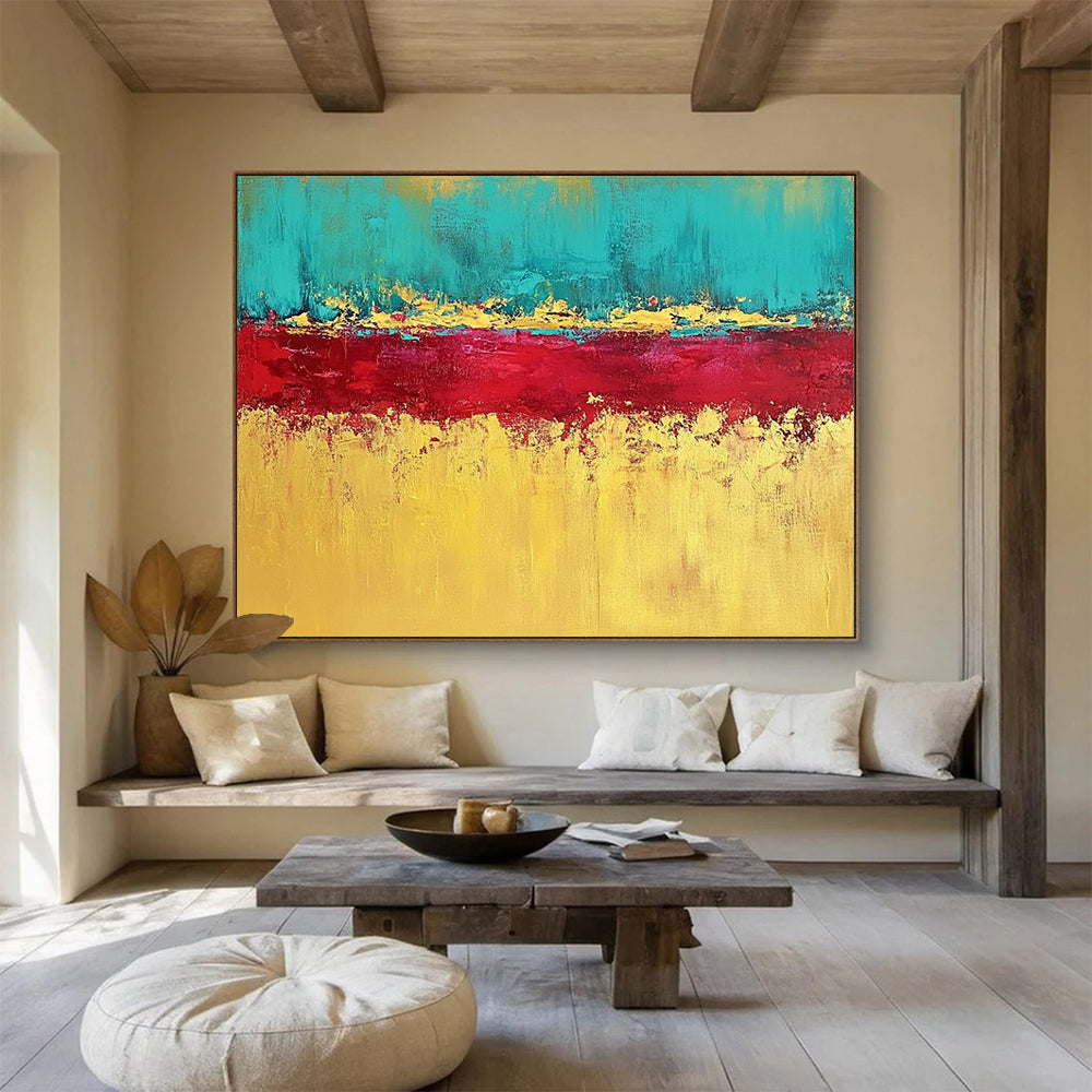 “Teal, Red, and Gold Abstract Horizon” - Teal, red, gold, yellow; Abstract color - block horizon; Acrylic Painting On Canvas HB1221