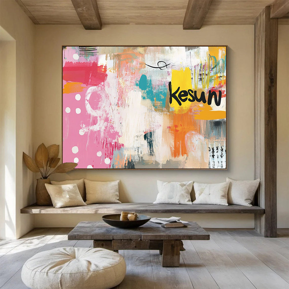 “Colorful Playful Abstract” - Pink, Orange, Teal, Yellow with Dots and “Kesun” - Painting On Canvas HB1389