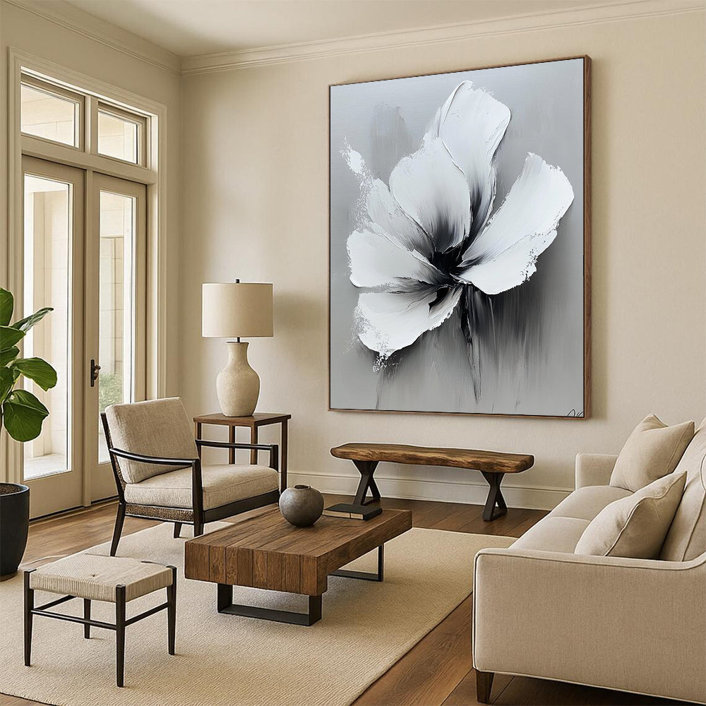 Contemporary abstract oil painting featuring bold white flowers and a high contrast black and gray palette on a neutral background. DLZ0827