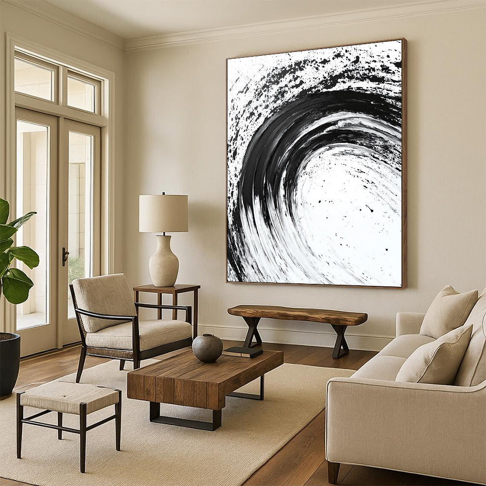 Black Curved Brushstrokes on White - “Flowing Ink Rhythm” Painting On Canvas HB216