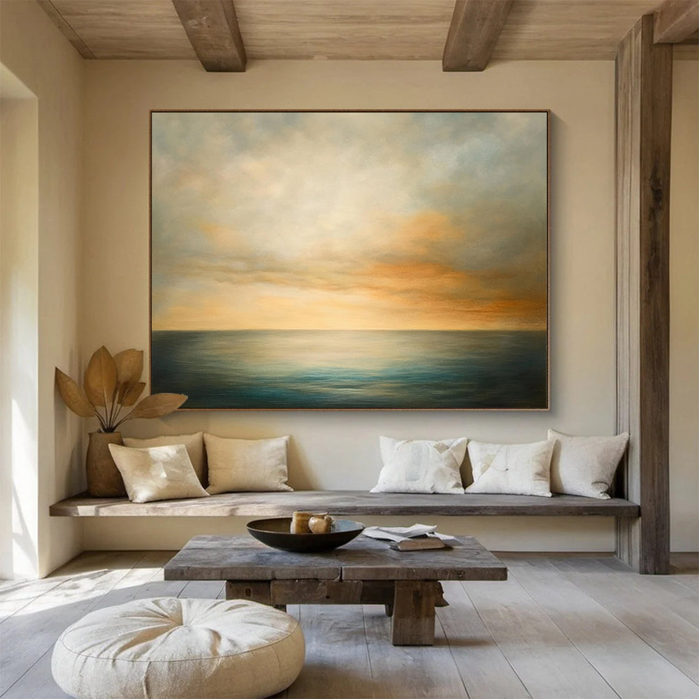 “Soft - Toned Sea and Sky” - Muted Grays, Oranges, Blues, Calm Ocean and Sky - Oil Painting HB1606