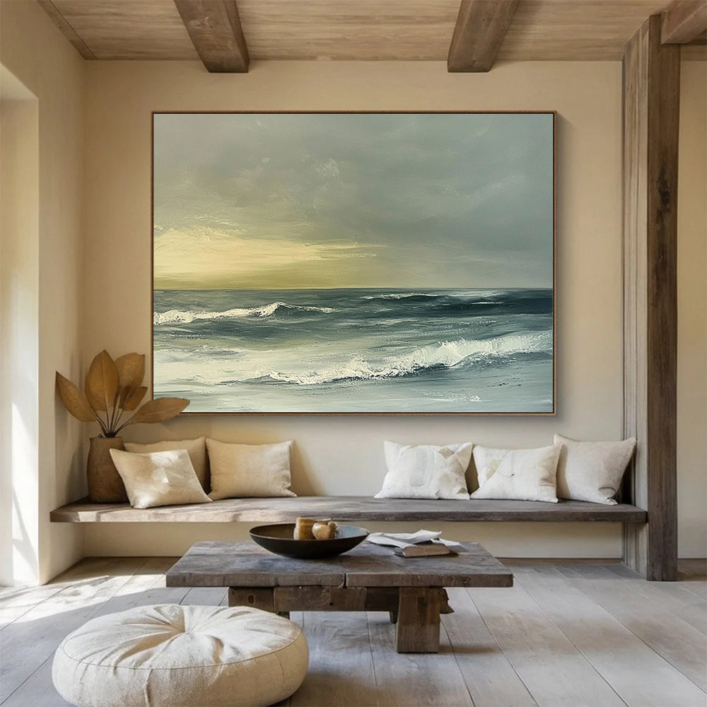 Green, Gray, White and Beige Subtle Seaside "Quiet Surf" Painting On Canvas HB0674