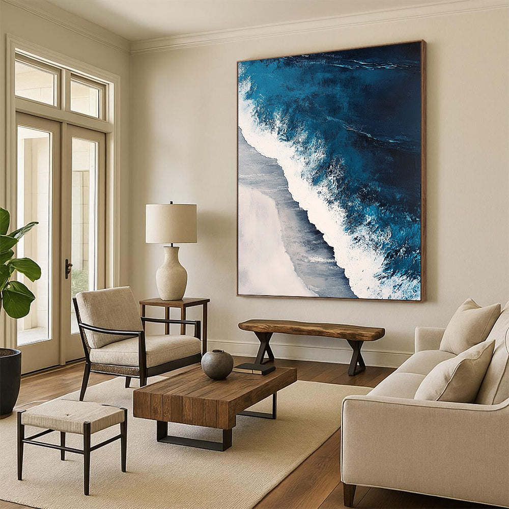 Contemporary abstract painting featuring oceanic waves in surreal blues and whites with textured details capturing nature's beauty in a hyper-realistic style. DLZ0846