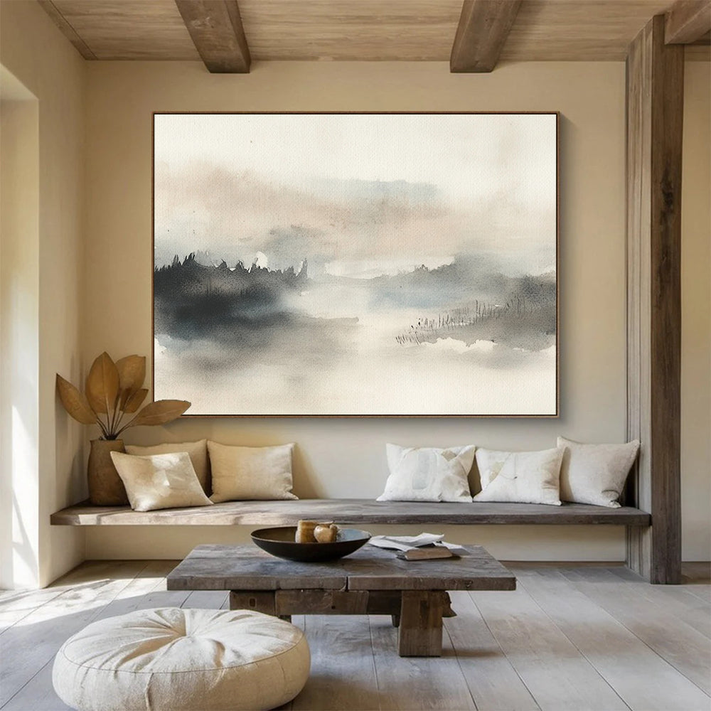 “Misty Landscape Watercolor” - Gray, Beige, Misty Landscape Watercolor On Canvas HB0717