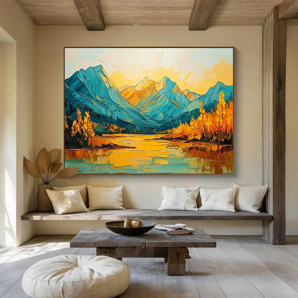 “Vibrant Mountain Reflection” - Blues, Yellows, Oranges, Mountain Lake with Bold Reflections - Impasto Oil Painting HB1714