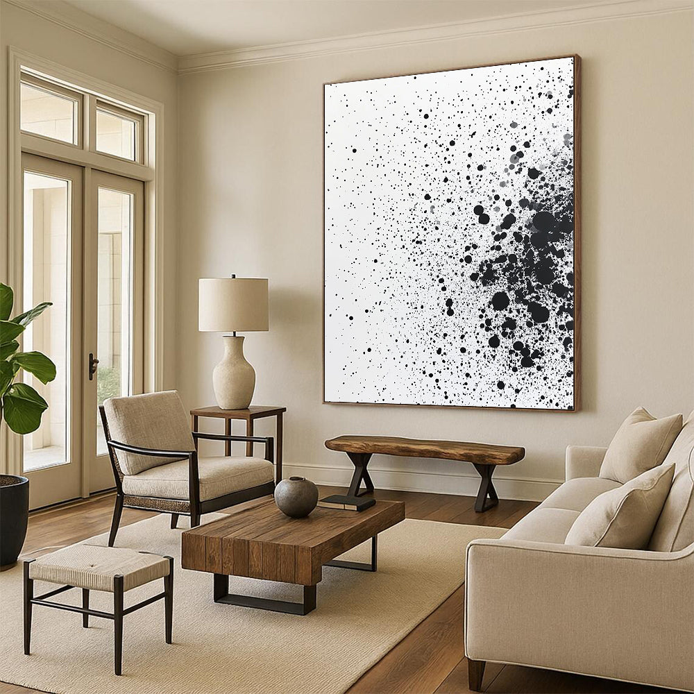 Black Dots & Splatter on White - “Random Ink Energy” Painting On Canvas HB226