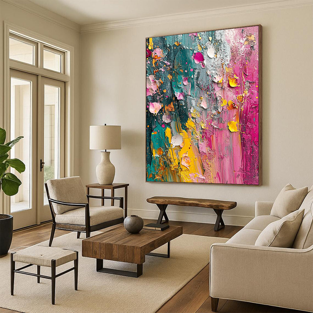 Contemporary hand-painted abstract artwork featuring vibrant colors and textured layers inspired by nature evoking the essence of springtime. DLZ1190