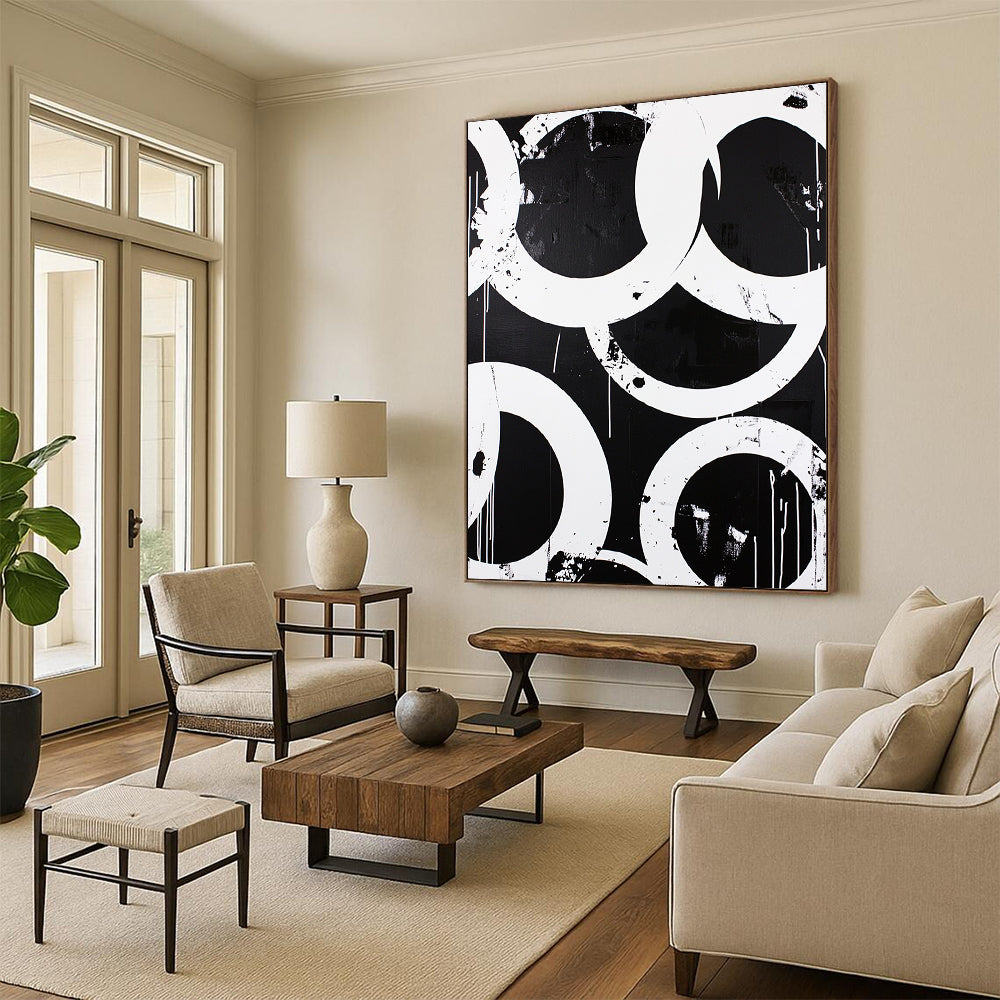 Black, White, Overlapping Circles "Graphic Circle Overlaps" Abstract Pop - Art Inspired Painting On Canvas HB173