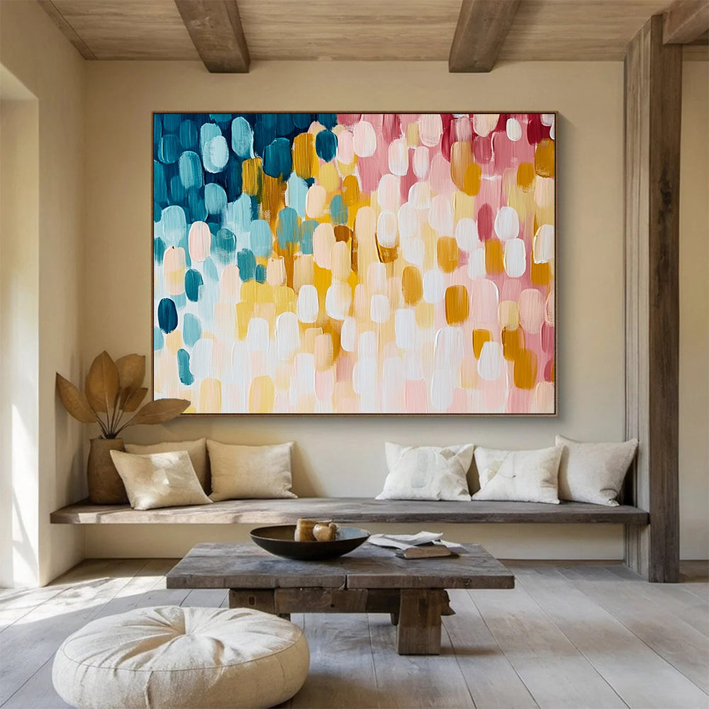 “Pastel Oval Abstract Pattern” - Blue, yellow, pink, white; Abstract oval shapes in pastel colors; Acrylic Painting On Canvas HB1238