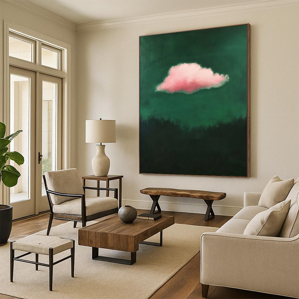 Contemporary minimalist art featuring a single pink cloud against a dark green background exuding low contrast elegance. DLZ1682