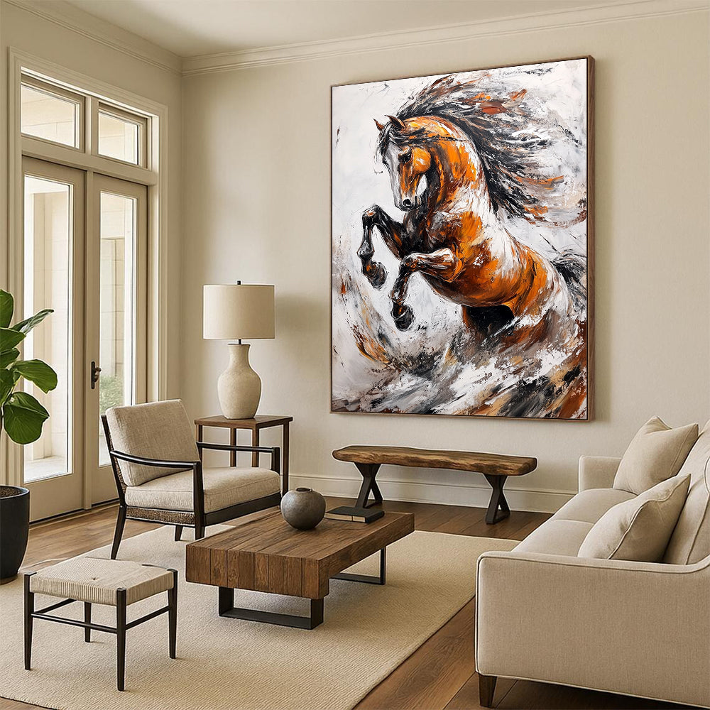 Contemporary abstract artwork featuring an elegant wild horse rearing up against splashes and waves in a dynamic light gray and brown palette. DLZ1665