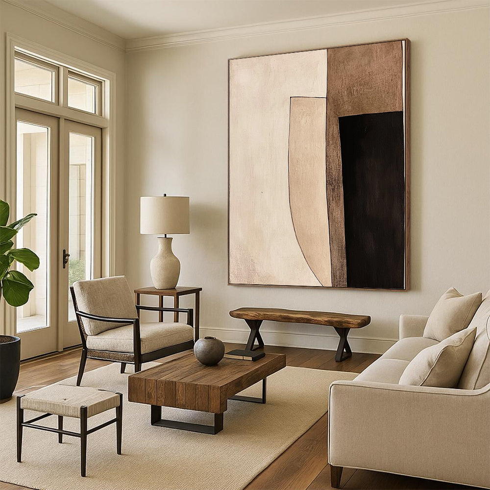 Contemporary hand-painted abstract art with geometric shapes featuring light brown and black tones bordered in white against a minimalist beige background. DLZ1424