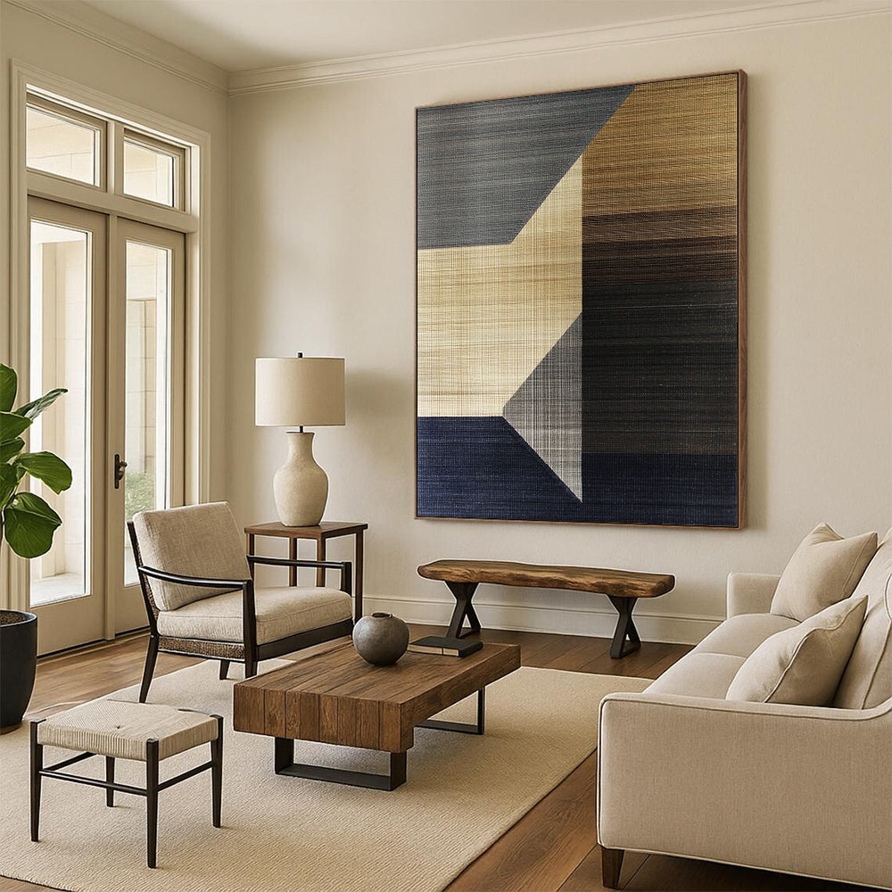 Contemporary abstract artwork with geometric shapes in earthy tones featuring soft browns and greys contrasted with dark navy and delicate line-drawn squares. DLZ1453
