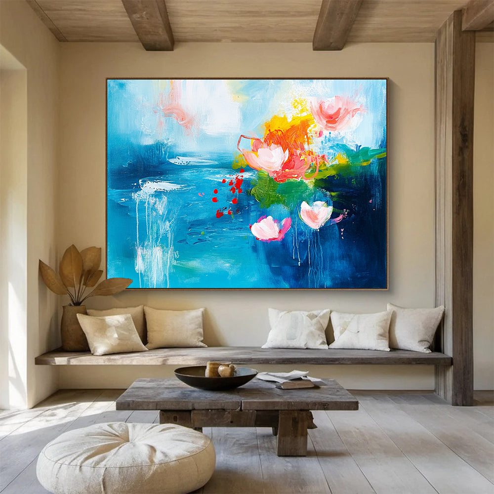 “Dreamy Blue with Pink and Orange Floral Abstractions” - Blue, pink, orange, green; Abstract floral shapes on a blue background; Acrylic Painting On Canvas HB1233