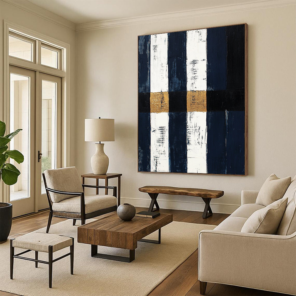 Navy, White, Gold, Black, Vertical Stripes "Nautical Gilded Stripes" Abstract Coastal - Inspired Painting On Canvas HB153
