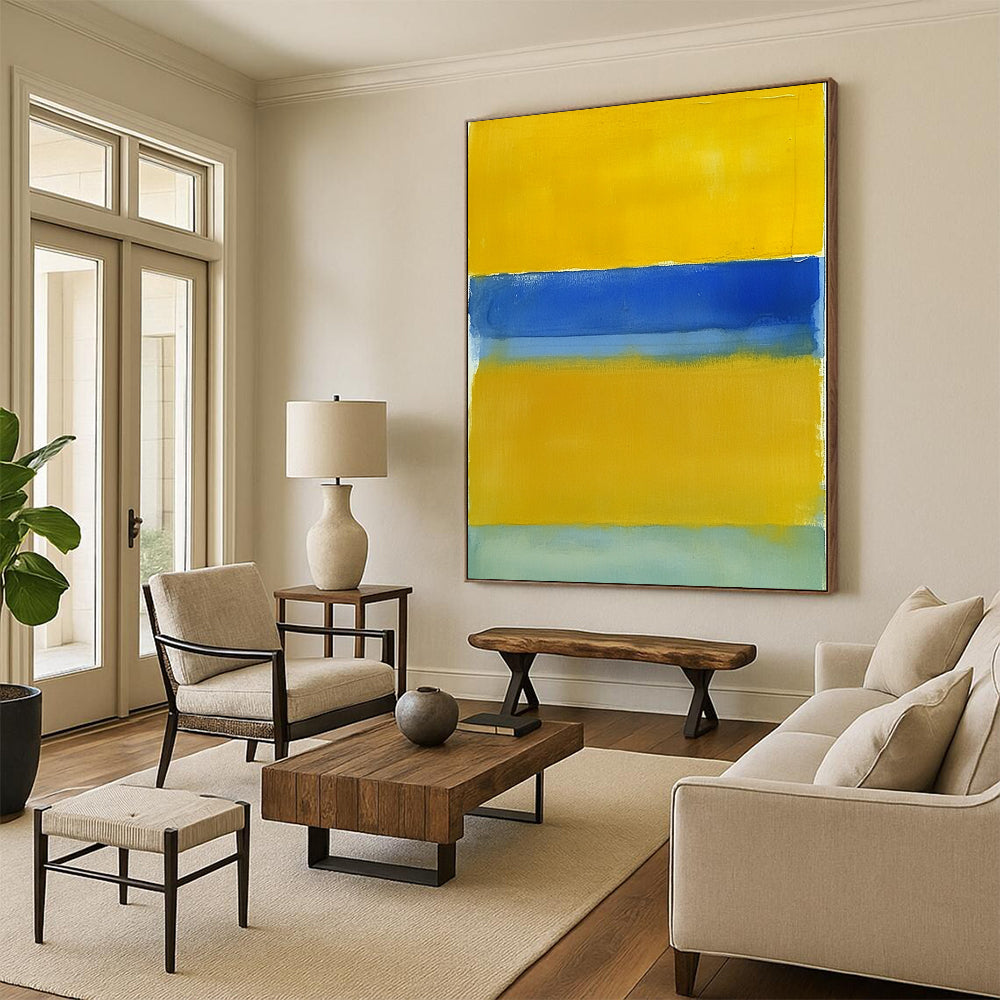 Large contemporary hand-painted abstract art featuring a vibrant yellow field framed by a deep blue border and light green bottom. DLZ1526
