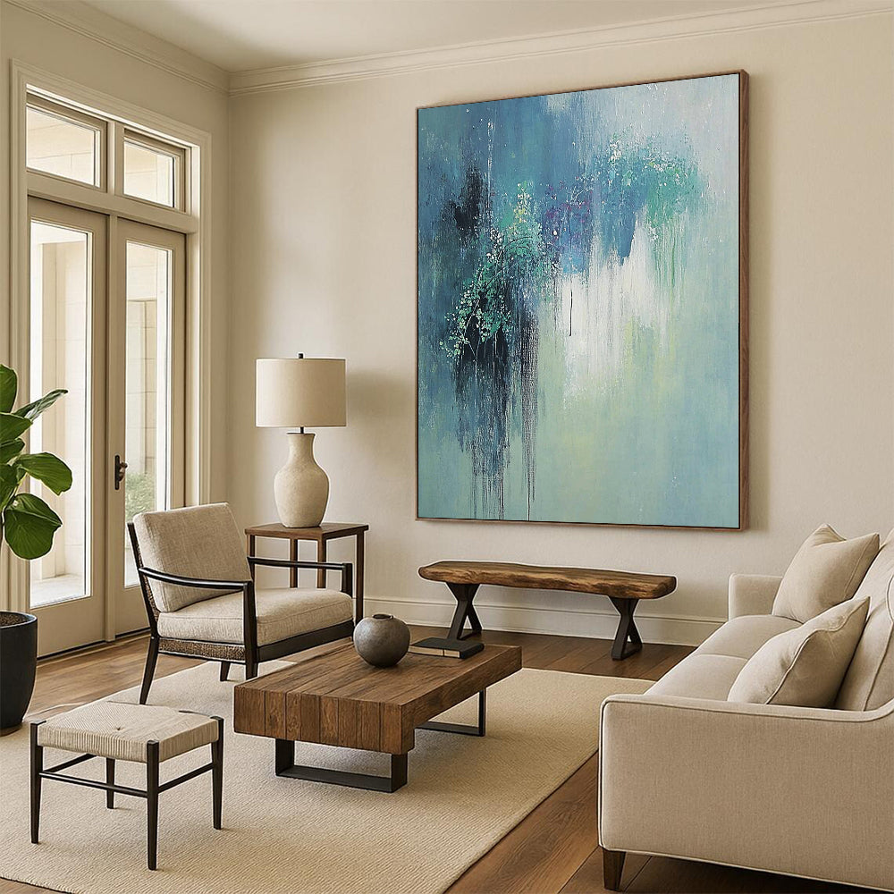 Large contemporary hand-painted abstract artwork featuring gentle hues of green and blue with elegant willow reflections and a serene, dreamy atmosphere. DLZ1179