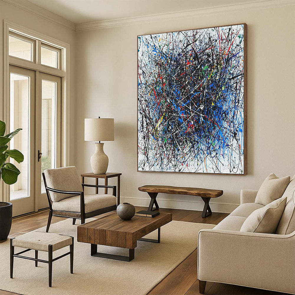 Contemporary hand-painted abstract artwork featuring vibrant interlaced lines in blue red black white green and purple with dynamic shapes enhancing its energy. DLZ1285