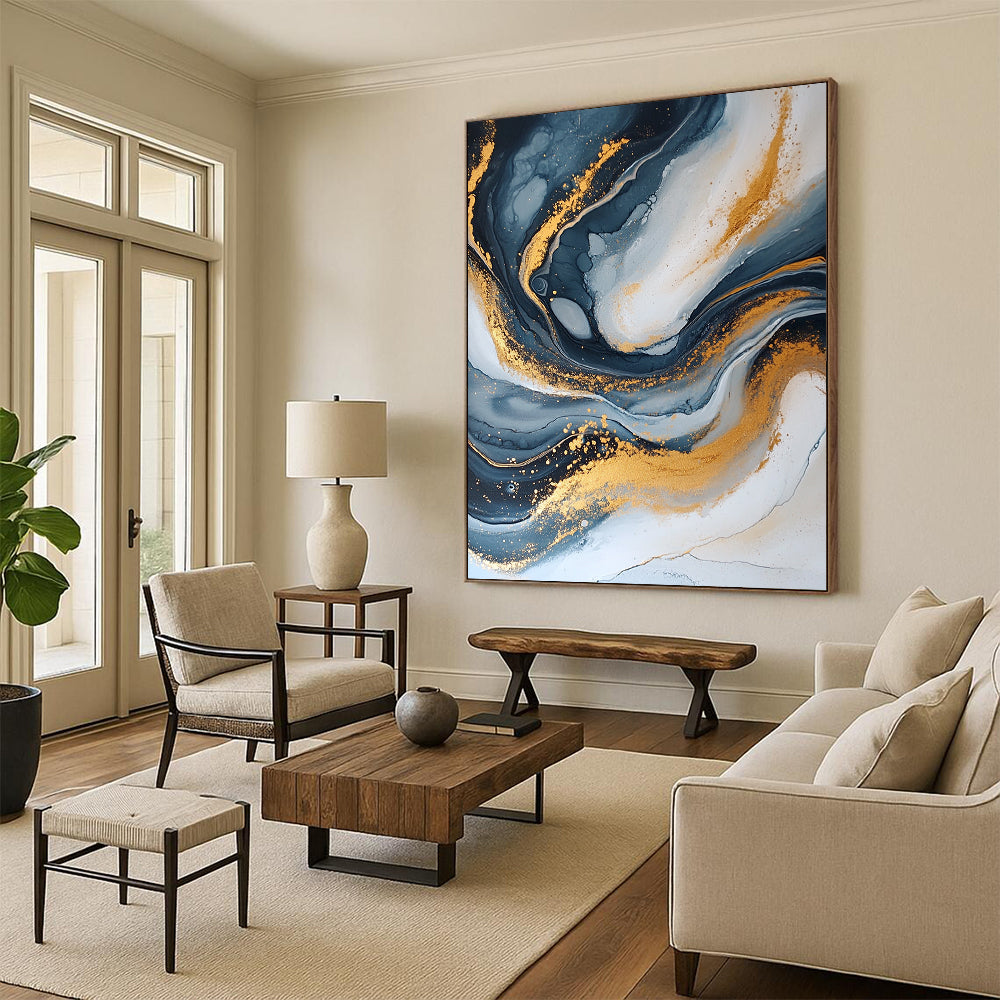 Contemporary hand-painted abstract artwork features dark blue and gold with a crackle effect elegant swirling patterns and glitter accents create depth and beauty. DLZ0329