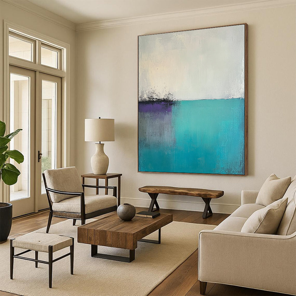 Contemporary abstract artwork features large brush strokes and palette knife textures in light teal gray and greenish-blue with a foggy minimalist landscape and pale purple sky. DLZ0627