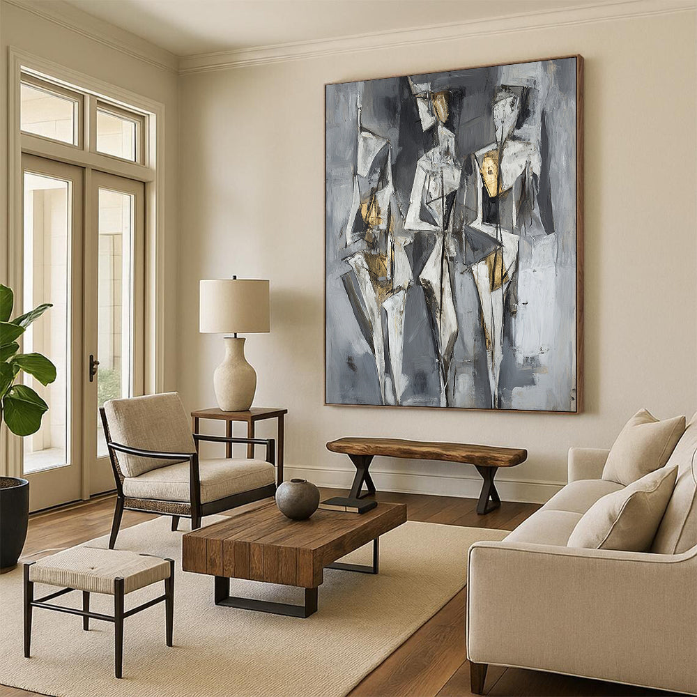 Gray, White, Black and Gold Cubist Figures "Ethereal Forms" Painting On Canvas HB375