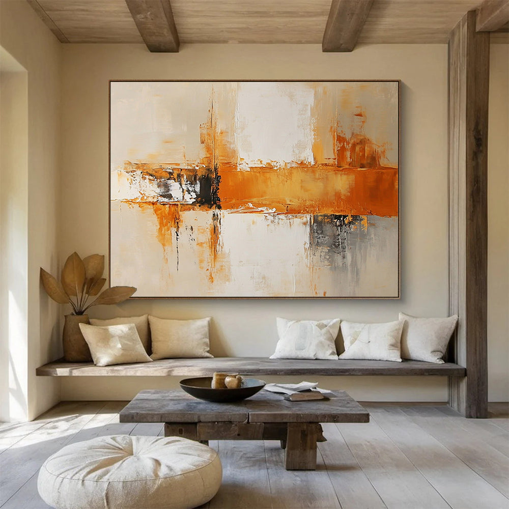 “Dynamic Orange and Gray Abstract Composition” - Orange, gray, white; Abstract dynamic brushstrokes and blocks; Acrylic Painting On Canvas HB1228