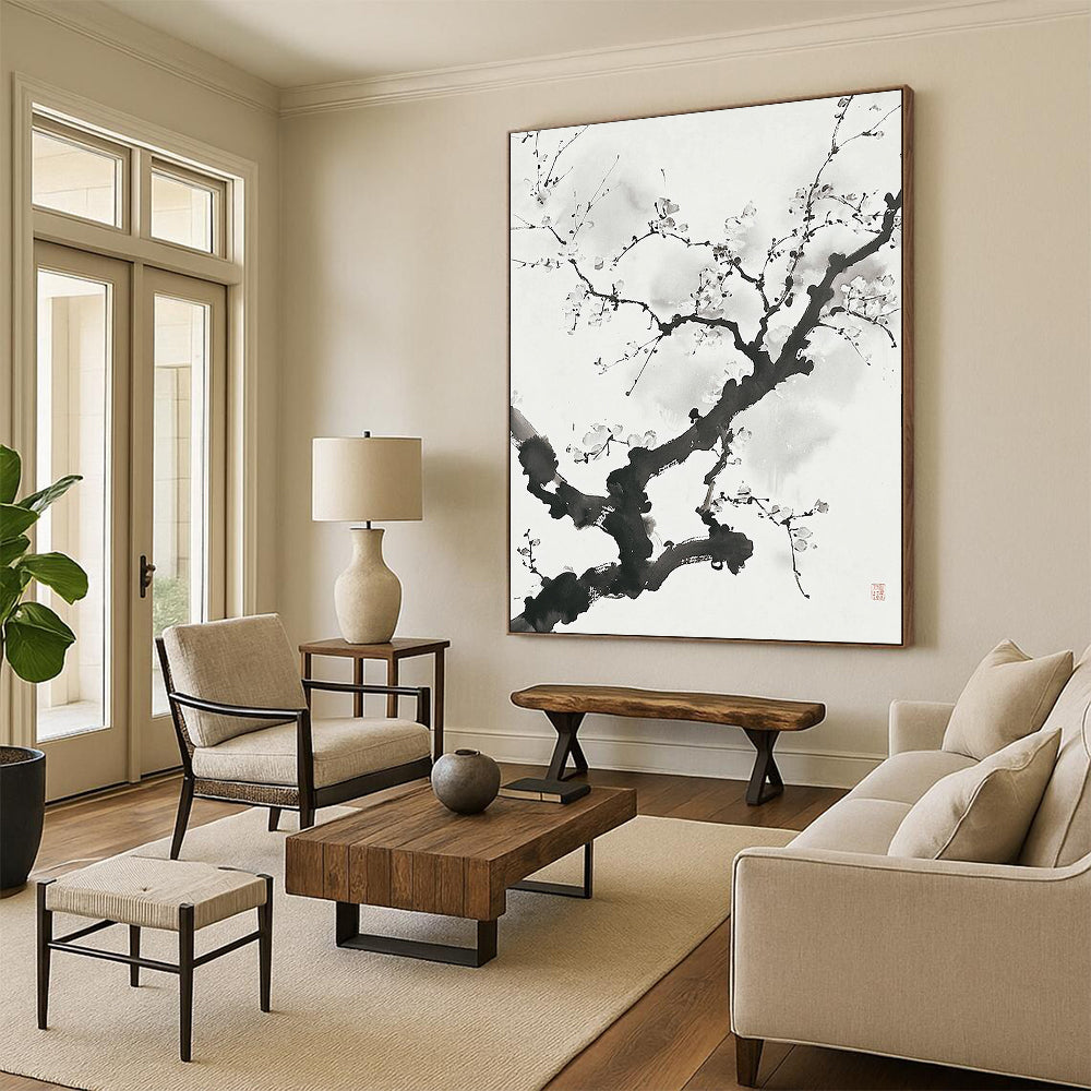 Black and White Ink - style Plum Blossom "Serene Bloom" Painting On Canvas HB322