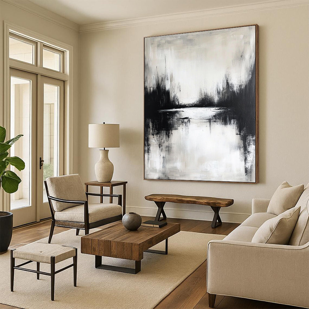 Contemporary hand-painted abstract artwork featuring a moody lake reflection in neutral tones and atmospheric black and white design. DLZ0310