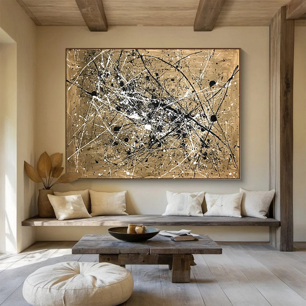 “Splattered Black and White on Gold” - Gold, Black, White, Abstract Splatter Art - Acrylic Painting HB1655