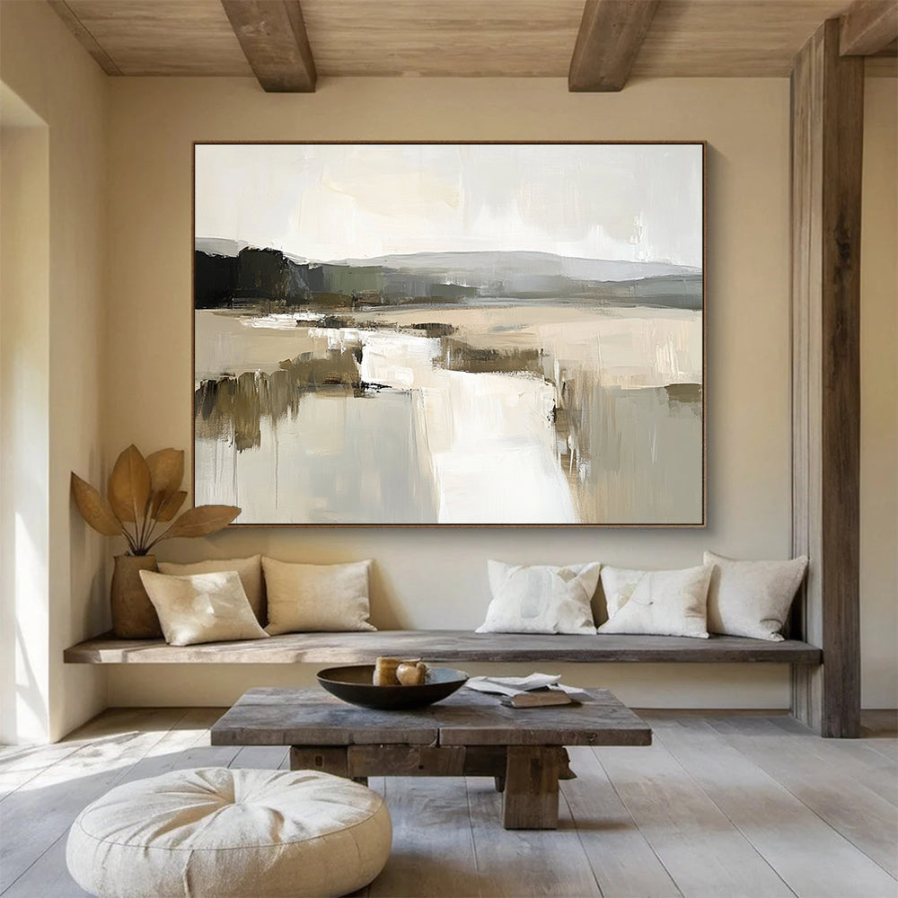 “Minimalist Lake Landscape Abstract” - Beige, Gray, White with Lake Forms - Painting On Canvas HB1402