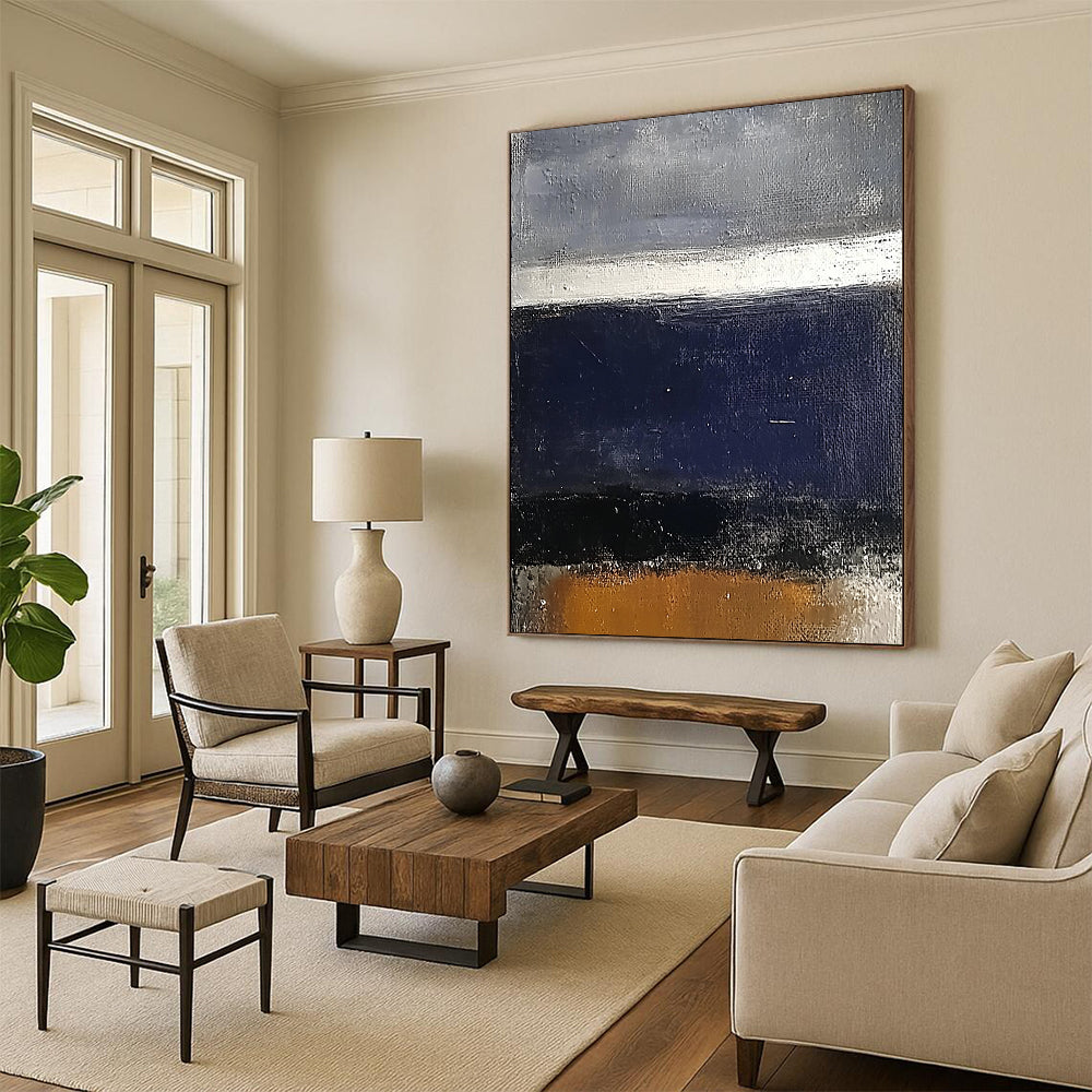 Contemporary hand-painted abstract art featuring a dark blue sea and grey sky with white and brown accents on a textured surface. DLZ0452