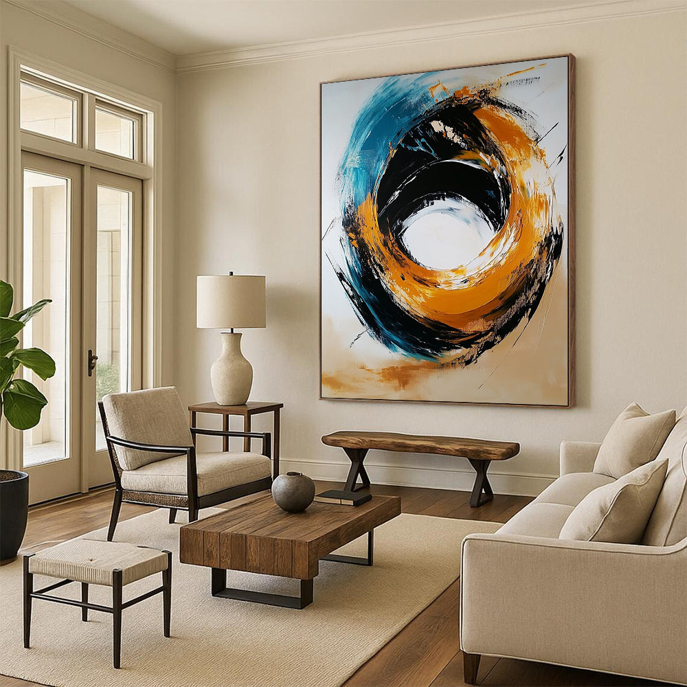 Contemporary hand-painted abstract artwork featuring a black and gold color scheme with a light orange circle and navy blue turquoise swirls against a white background. DLZ0446