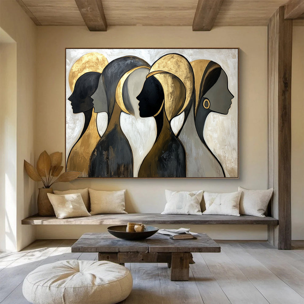 “Golden Silhouettes” - Black, Gold, Gray, Abstract Profiles - Stylized Acrylic Painting HB1514