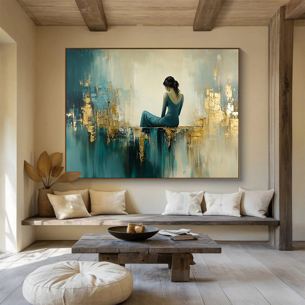 “Elegant Figure in Teal - Gold Abstract Space” - Teal, Gold, Figure, Abstract Figurative Painting On Canvas HB1106