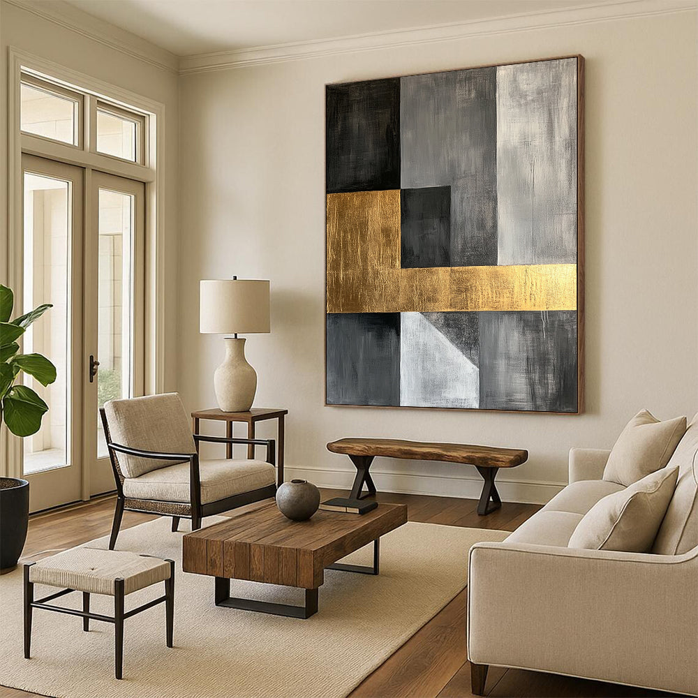 Gray, Black, Gold and White Geometric Fusion "Sophisticated Union" Painting On Canvas HB360