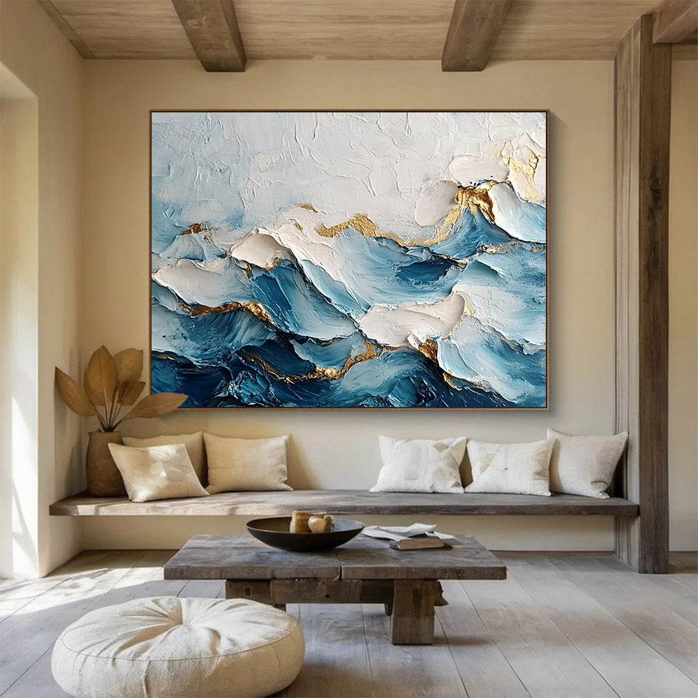 “Golden - Edged Blue Waves” - Blue, White, Gold, Textured Wave - like Abstract Painting On Canvas HB0976