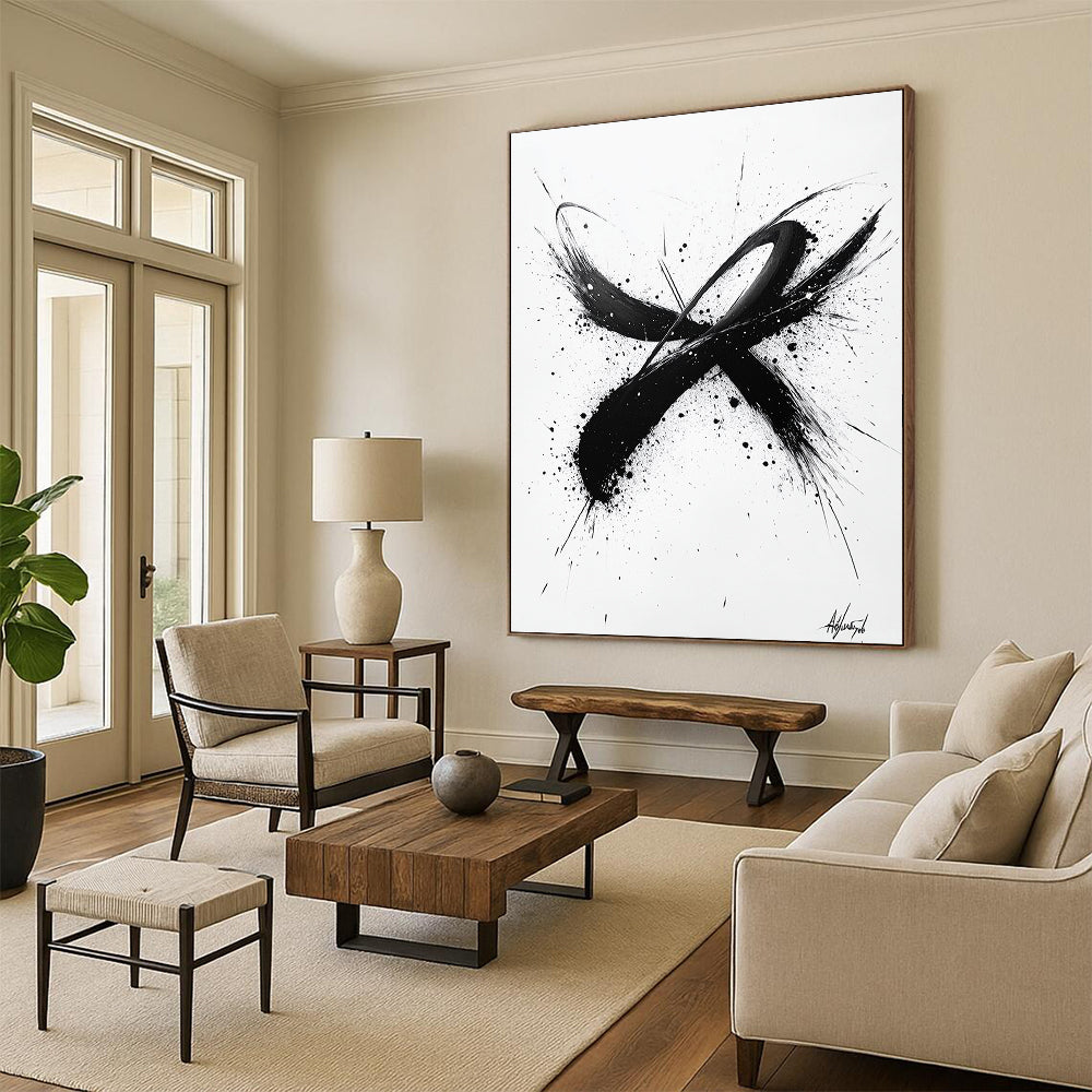 Black Brush Strokes & Splatters on White - “Dynamic Ink Energy” Painting On Canvas HB214