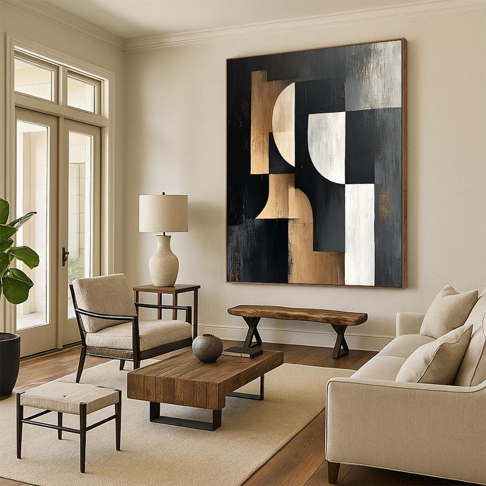Large contemporary abstract painting featuring bold black white and beige shapes on a dark gray background with a textured canvas finish. DLZ1373