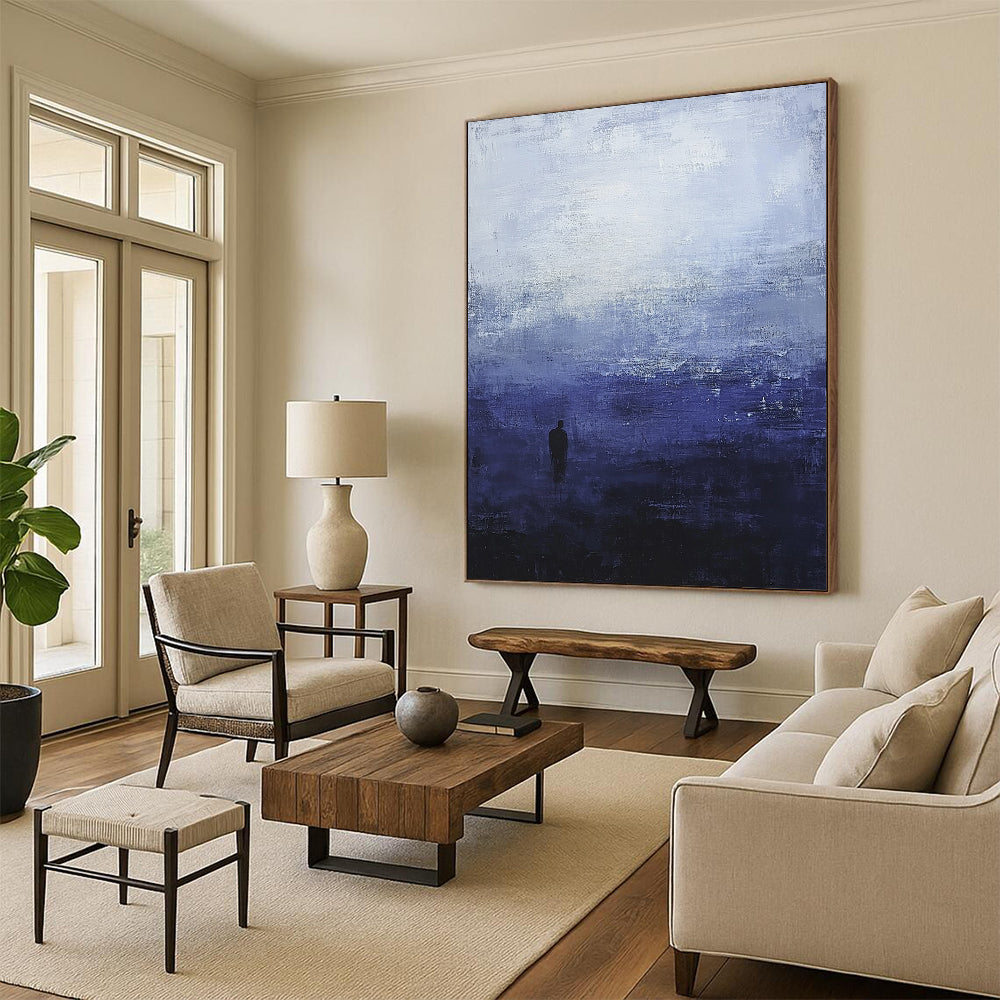 Contemporary hand-painted abstract art featuring atmospheric dark blue and grey sky tones with a solitary silhouette evoking tranquility and isolation. DLZ0513