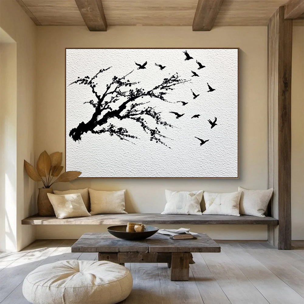 “Black - White Plum Blossom & Birds” - Black, White, Minimalist Nature Silhouettes - Ink Painting HB1631
