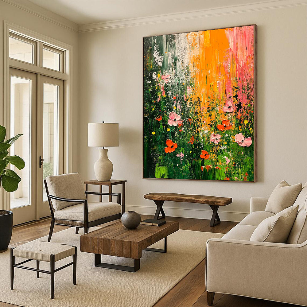 Contemporary hand-painted abstract artwork featuring an overgrown garden with vibrant green pink and orange flowers using thick brush strokes and rich texture on canvas. DLZ0966