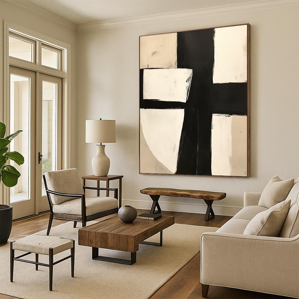 Contemporary hand-painted abstract art featuring bold black and white blocks minimalistic design with a central square and X motif. DLZ0508